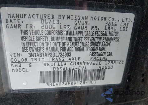 2013 Nissan Sentra Sl from USA, damaged, VIN 3N1AB7AP8DL734903